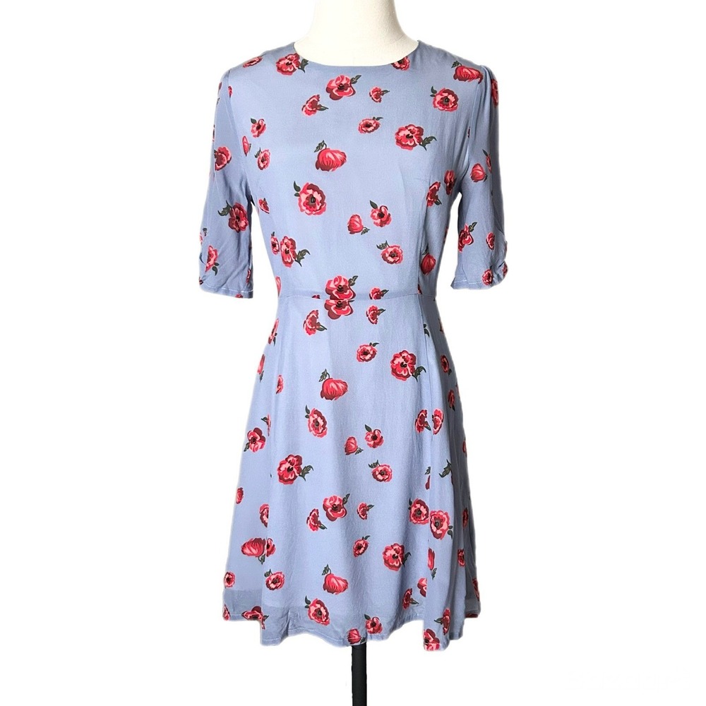 Massimo Dutti Blue Red Rose Floral 100% Mulberry Silk Fit and Flare Dress Medium